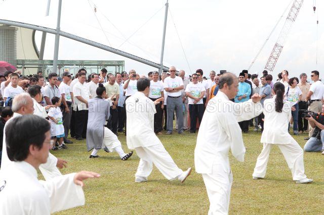 Senior Minister Goh Chok Tong watching taiji display by practitioners from Taoist temples in Singapore at Marina Barrage Green Roof during Inter-Religious Organisation Day, which is held in conjunction with World Water Day