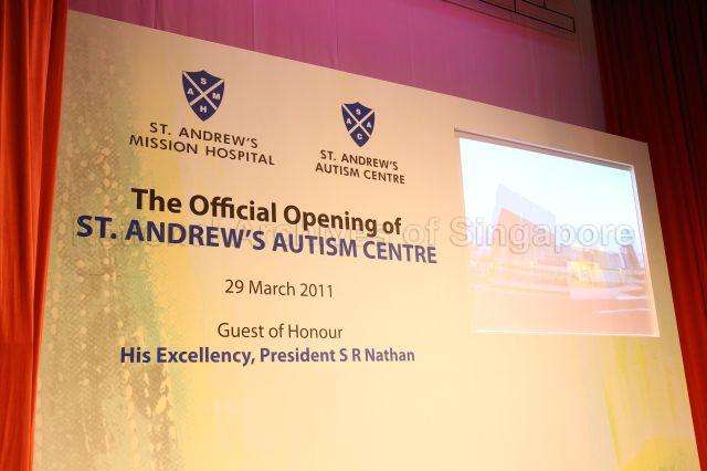 Backdrop for the stage during official opening of St Andrew's Autism Centre at No. 1 Elliot Road. Guest of honour at the event was President S R Nathan.