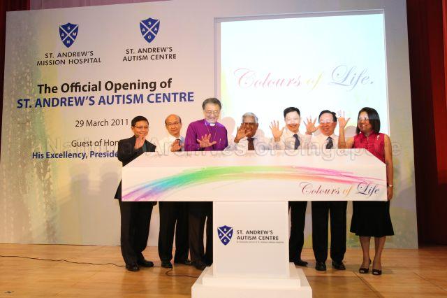 (From left) Reverend Canon Wong Tak Meng, Chairman of St Andrew's Autism Centre Board Dennis Ang, Archbishop John Chew, President S R Nathan, Chief Executive Officer (CEO) of St Andrew's Community Hospital Dr Loh Yik Hin, St Andrew's Autism Centre CEO John Ang and Mrs Susie Tay opening new premises of St Andrew's Autism Centre at No. 1 Elliot Road