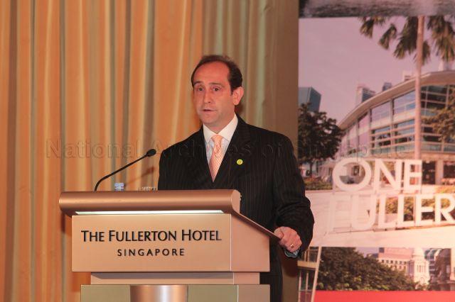 General Manager of Fullerton Hotel Singapore Giovanni Viterale speaking at 10th anniversary celebration of the hotel and launch of coffee table book "The Fullerton Heritage: Where the Past Meets the Present" held at Ballroom 2, Fullerton Hotel
