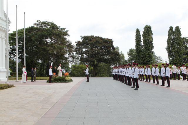 The Apostolic Nuncio of the Holy See Archbishop Leopoldo Girelli at review ceremony held at Istana during presentation of his credentials to President S R Nathan