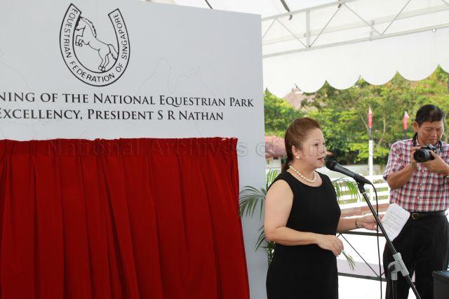 President of Equestrian Federation of Singapore Dr Melanie Chew speaking at opening of National Equestrian Park in Jalan Mashhor