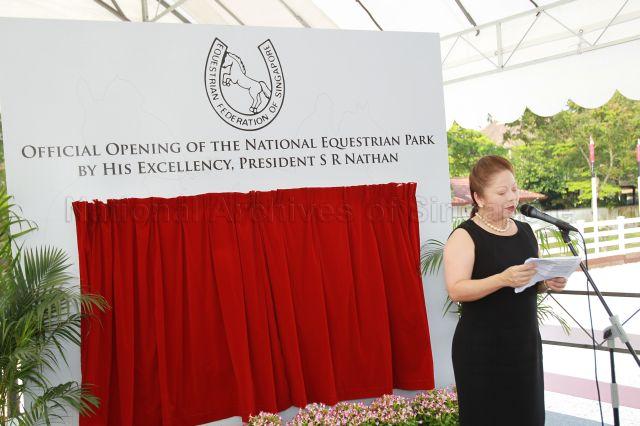 President of Equestrian Federation of Singapore Dr Melanie Chew speaking at opening of National Equestrian Park in Jalan Mashhor