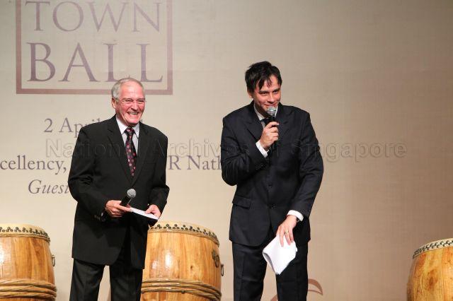 Celebrity father-son masters of ceremonies, Brian Richmond and his son Mark Richmond, at Boys' Town gala charity dinner held at Marriott Hotel in Orchard Road
