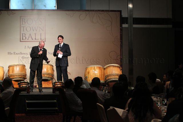 Celebrity father-son masters of ceremonies, Brian Richmond and his son Mark Richmond, at Boys' Town gala charity dinner held at Marriott Hotel in Orchard Road