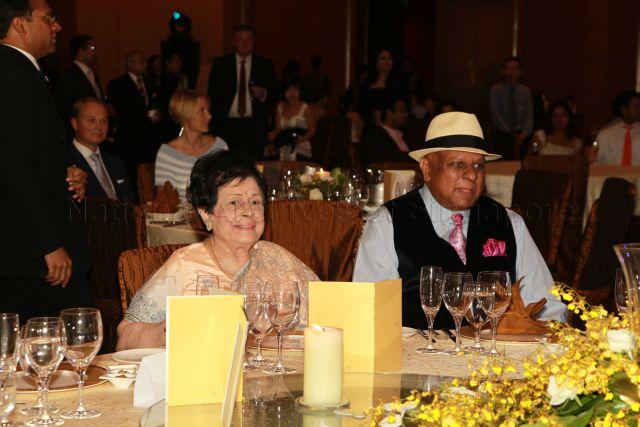 Indian telecoms tycoon Dr Bhupendra Kumar Modi with Mrs S R Nathan, wife of the President, at his daughter's wedding dinner held at Marina Bay Sands Grand Ballroom