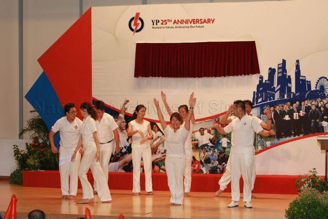 Activists in the youth wing of People's Action Party (PAP) performing during 25th Anniversary Rally of Young PAP (YP) at NTUC Centre auditorium in Marina Boulevard