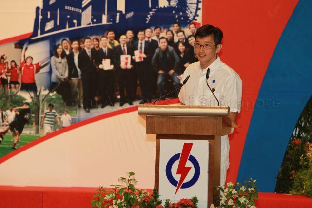 Chairman of Young People's Action Party (YP) Teo Ser Luck speaking at YP's 25th Anniversary Rally held NTUC Centre auditorium in Marina Boulevard