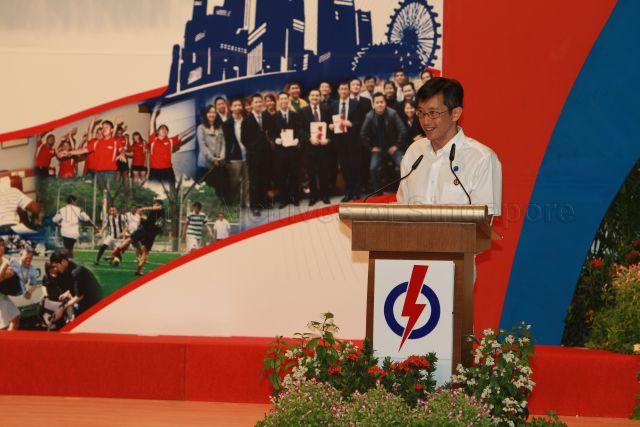 Chairman of Young People's Action Party (YP) Teo Ser Luck speaking at YP's 25th Anniversary Rally held NTUC Centre auditorium in Marina Boulevard