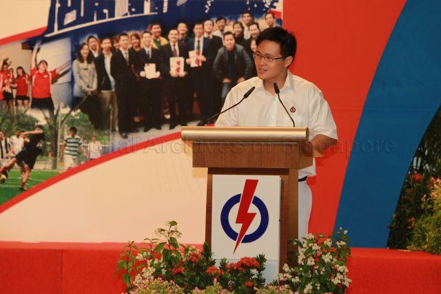 Deputy Director of National Trades Union Congress (NTUC) Youth Development Unit and People's Action Party (PAP) candidate for Hougang in the forthcoming general election Desmond Choo speaking at 25th Anniversary Rally of Young PAP (YP) held at NTUC Centre auditorium in Marina Boulevard