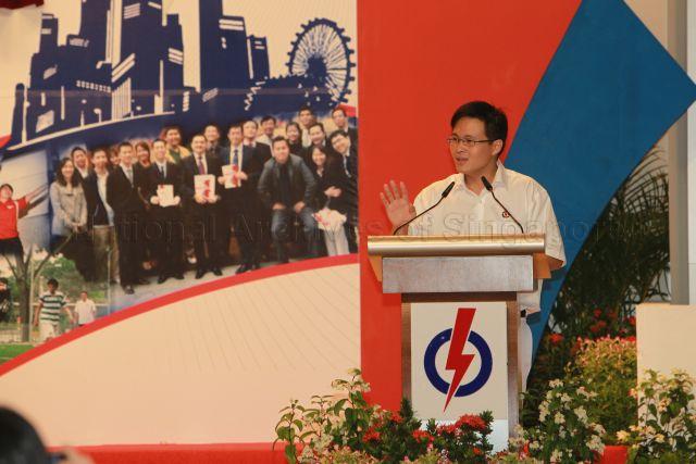 Deputy Director of National Trades Union Congress (NTUC) Youth Development Unit and People's Action Party (PAP) candidate for Hougang in the forthcoming general election Desmond Choo speaking at 25th Anniversary Rally of Young PAP (YP) held at NTUC Centre auditorium in Marina Boulevard