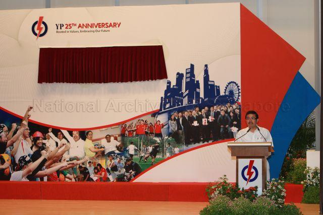 National Trades Union Congress (NTUC)'s Director of Unit for Contract and Casual Workers and People's Action Party (PAP) candidate for Pasir Ris-Punggol Group Representation Constituency (GRC) in the forthcoming general election Zainal Sapari speaking at 25th Anniversary Rally of Young PAP (YP) held at NTUC Centre auditorium in Marina Boulevard