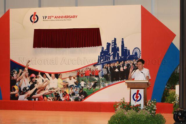 Former Chief of Army and People's Action Party (PAP) candidate for Tanjong Pagar Group Representation Constituency (GRC) in the forthcoming general election Major General Chan Chun Sing speaking at 25th Anniversary Rally of Young PAP (YP) held at NTUC Centre auditorium in Marina Boulevard