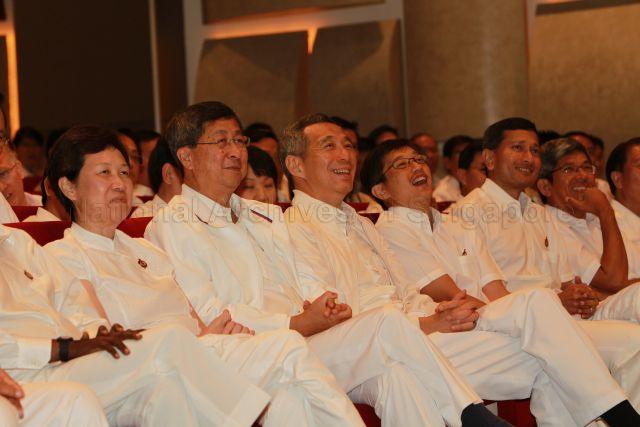 (From left) Madam Ho Ching, Minister (Prime Minister's Office) Lim Boon Heng, Prime Minister Lee Hsien Loong, Chairman of Young People's Action Party (YP) Teo Ser Luck, Minister for Community Development, Youth and Sports Dr Vivian Balakrishnan and Minister for the Environment and Water Resources Associate Professor Dr Yaacob Ibrahim at YP's 25th Anniversary Rally held at NTUC Centre auditorium in Marina Boulevard