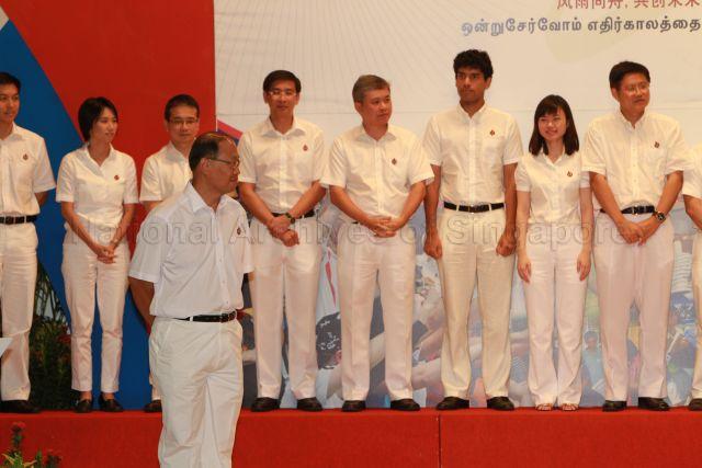 Introduction of new People's Action Party (PAP) candidate for Jurong Group Representation Constituency (GRC) in the forthcoming general election David Ong Kim Huat during 25th Anniversary Rally of Young PAP (YP) at NTUC Centre auditorium in Marina Boulevard. Behind him is the line-up of new PAP candidates.