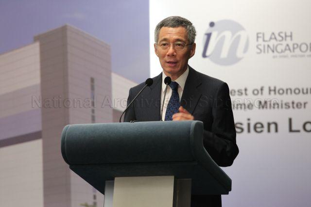 Prime Minister Lee Hsien Loong speaking at opening of IM Flash Singapore's NAND flash wafer fabrication facility, a joint venture between Intel Corporation (Intel) and Micron Technology, in North Coast Drive