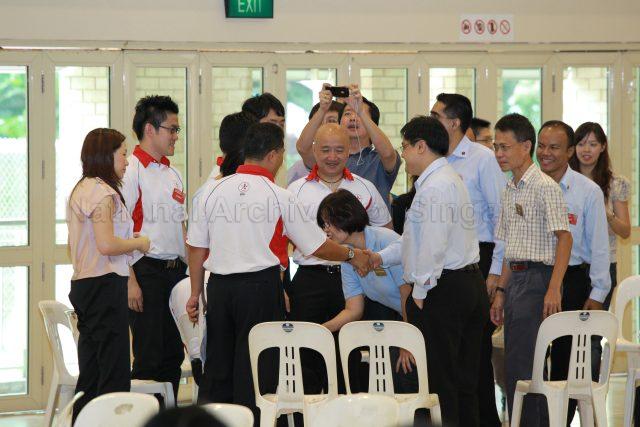 General Election 2011 - Candidates of Singapore People's Party (SPP) and Workers' Party (WP) with supporters at Deyi Secondary School in Ang Mo Kio Street 42, the nomination centre for electoral divisions of Ang Mo Kio, Aljunied, Bishan-Toa Payoh and Sengkang West
