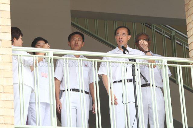 General Election 2011 - People's Action Party (PAP) candidates for Aljunied Group Representation Constituency (GRC) George Yeo Yong-Boon addressing supporters at Deyi Secondary School in Ang Mo Kio Street 42, the nomination centre for electoral divisions of Ang Mo Kio, Aljunied, Bishan-Toa Payoh and Sengkang West. With him are fellow PAP candidates for Aljunied GRC (from left) Cynthia Phua, Mrs Lim Hwee Hua, Ong Ye Kung and Zainul Abidin Rasheed.