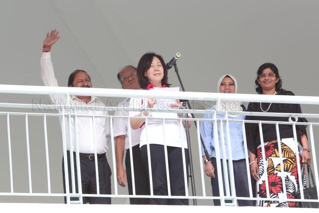 General Election 2011 - Singapore People's Party (SPP) candidate for Potong Pasir Ms Lina Loh Woon Lee, wife of opposition Member of Parliament Chiam See Tong, addressing supporters at Tao Nan School, 49 Marine Crescent, the nomination centre for electoral divisions of Marine Parade GRC, Potong Pasir, Joo Chiat and Mountbatten