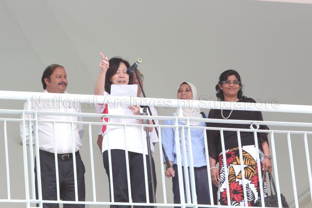 General Election 2011 - Singapore People's Party (SPP) candidate for Potong Pasir Ms Lina Loh Woon Lee, wife of opposition Member of Parliament Chiam See Tong, addressing supporters at Tao Nan School, 49 Marine Crescent, the nomination centre for electoral divisions of Marine Parade GRC, Potong Pasir, Joo Chiat and Mountbatten