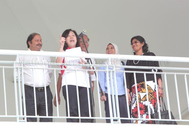 General Election 2011 - Singapore People's Party (SPP) candidate for Potong Pasir Ms Lina Loh Woon Lee, wife of opposition Member of Parliament Chiam See Tong, addressing supporters at Tao Nan School, 49 Marine Crescent, the nomination centre for electoral divisions of Marine Parade GRC, Potong Pasir, Joo Chiat and Mountbatten