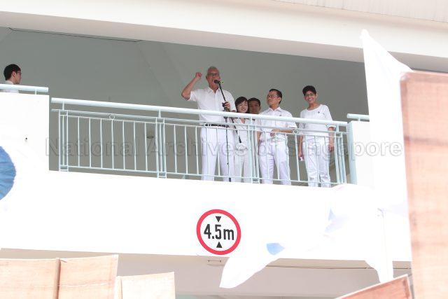 General Election 2011 - People's Action Party (PAP) candidate for Marine Parade Group Representation Constituency (GRC) Senior Minister Goh Chok Tong addressing supporters at Tao Nan School, 49 Marine Crescent, the nomination centre for electoral divisions of Marine Parade GRC, Potong Pasir, Joo Chiat and Mountbatten. With him are fellow PAP candidates for Marine Parade GRC Ms Tin Pei Ling, Brigadier-General Tan Chuan-Jin, Seah Kian Peng and Associate Professor Fatimah Lateef.