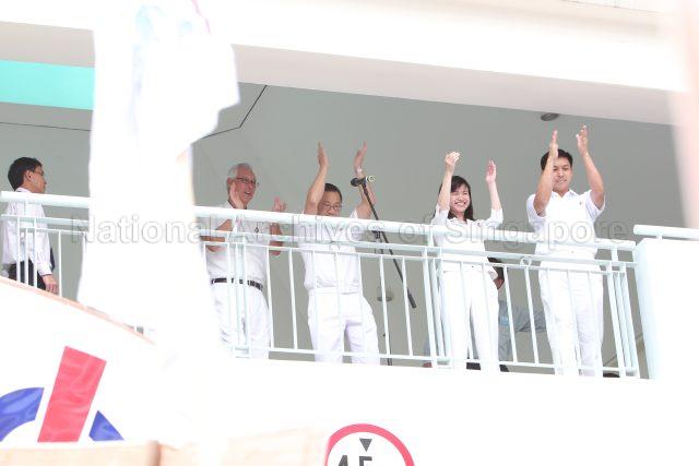 General Election 2011 - People's Action Party (PAP) candidates for Marine Parade Group Representation Constituency (GRC), from left, Senior Minister Goh Chok Tong, Seah Kian Peng, Ms Tin Pei Ling and Brigadier-General Tan Chuan-Jin at Tao Nan School, 49 Marine Crescent, the nomination centre for electoral divisions of Marine Parade GRC, Potong Pasir, Joo Chiat and Mountbatten