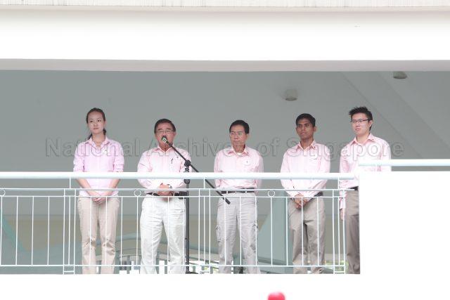 General Election 2011 - National Solidarity Party (NSP) candidate for Marine Parade Group Representation Constituency (GRC) Ivan Yeo Tiong Boon addressing supporters at Tao Nan School, 49 Marine Crescent, the nomination centre for electoral divisions of Marine Parade GRC, Potong Pasir, Joo Chiat and Mountbatten. With him are fellow NSP candidates for Marine Parade GRC (from left) Ms Nicole Seah, Cheo Chai Chen, Abdul Salim Harun and Spencer Ng Chung Hon.