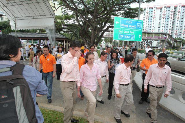 General Election 2011 - National Solidarity Party (NSP) candidates for Marine Parade Group Representation Constituency (GRC), from right, Abdul Salim Harun, Cheo Chai Chen, Ivan Yeo Tiong Boon, Ms Nicole Seah and Spencer Ng Chung Hon at the street along Tao Nan School, 49 Marine Crescent, the nomination centre for electoral divisions of Marine Parade GRC, Potong Pasir, Joo Chiat and Mountbatten