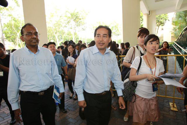 General Election 2011 - Workers' Party (WP) candidates for Moulmein-Kallang Group Representation Constituency (GRC) Mohd Rahizan bin Yaacob and L Somasundaram arriving at Singapore Chinese Girls' School, 190 Dunearn Road, the nomination centre for electoral divisions of Tanjong Pagar GRC, Moulmein-Kallang GRC, Radin Mas and Whampoa