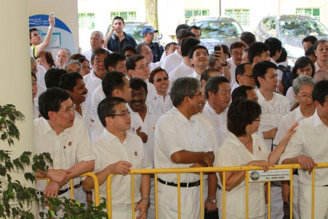 General Election 2011 - People's Action Party (PAP) candidates for Moulmein-Kallang Group Representation Constituency (GRC) Lui Tuck Yew, Edwin Tong Chun Fai, Dr Yaacob Ibrahim and Ms Denise Phua Lay Peng with supporters at Singapore Chinese Girls' School, 190 Dunearn Road, the nomination centre for electoral divisions of Tanjong Pagar GRC, Moulmein-Kallang GRC, Radin Mas and Whampoa