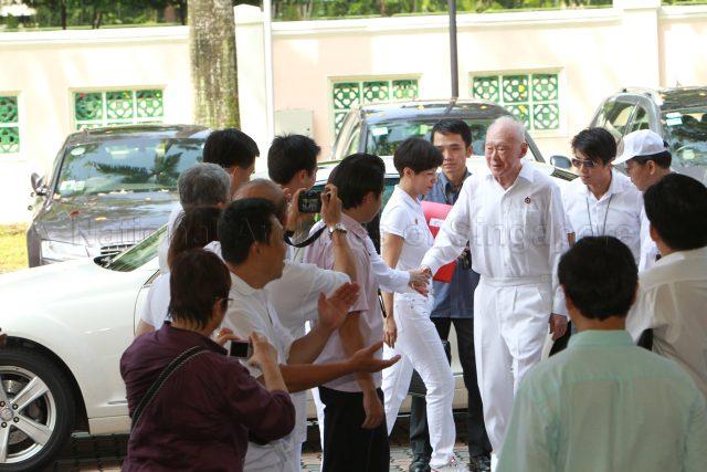 General Election 2011 - Minister Mentor Lee Kuan Yew being greeted by fellow People's Action Party (PAP) candidates for Tanjong Pagar Group Representation Constituency (GRC) upon arrival at Singapore Chinese Girls' School, 190 Dunearn Road, the nomination centre for electoral divisions of Tanjong Pagar GRC, Moulmein-Kallang GRC, Radin Mas and Whampoa
