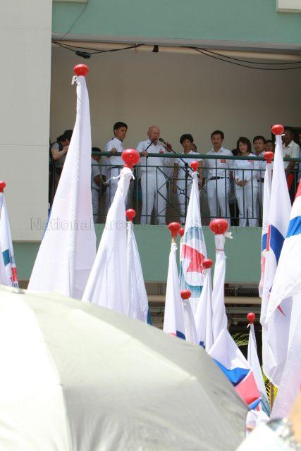 General Election 2011 - People's Action Party (PAP) candidate for Tanjong Pagar Group Representation Constituency (GRC) Minister Mentor Lee Kuan Yew addressing supporters after a walkover win at Singapore Chinese Girls' School, 190 Dunearn Road, the nomination centre for electoral divisions of Tanjong Pagar GRC, Moulmein-Kallang GRC, Radin Mas and Whampoa. With him are fellow PAP candidates for Tanjong Pagar GRC Major General Chan Chun Sing, Ms Indranee Rajah, Dr Chia Shi-Lu and Dr Lily Neo.