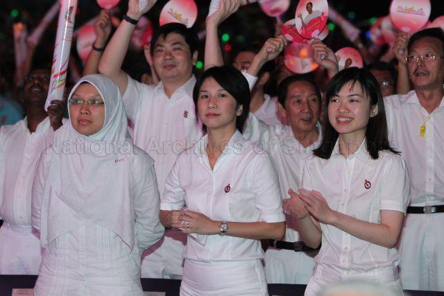 Members of People's Action Party (PAP) Ms Tin Pei Ling, Ms Low Yen Ling and Dr Intan Azura Mokhtar at May Day Rally, which also marks 50th anniversary of National Trades Union Congress (NTUC), held at Singapore Indoor Stadium in Kallang