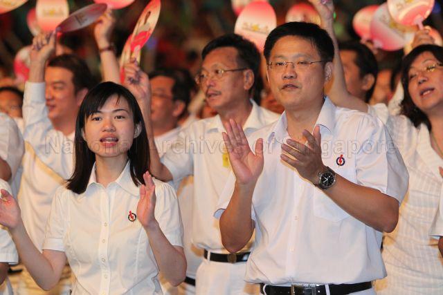 People's Action Party (PAP) members Ms Tin Pei Ling and Gan Thiam Poh at May Day Rally, which also marks 50th anniversary of National Trades Union Congress (NTUC), held at Singapore Indoor Stadium in Kallang