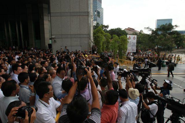 The crowd attending People's Action Party (PAP) lunchtime election rally at UOB Plaza in the heart of financial district