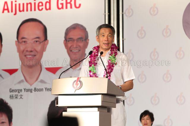 Taken at: People's Action Party (PAP) election rally for the Aljunied GRC during the 2011 General Election at Ubi Road 3 Pictured: Prime Minister Lee Hsien Loong and PAP candidate for Aljunied GRC Lim Hwee Hua