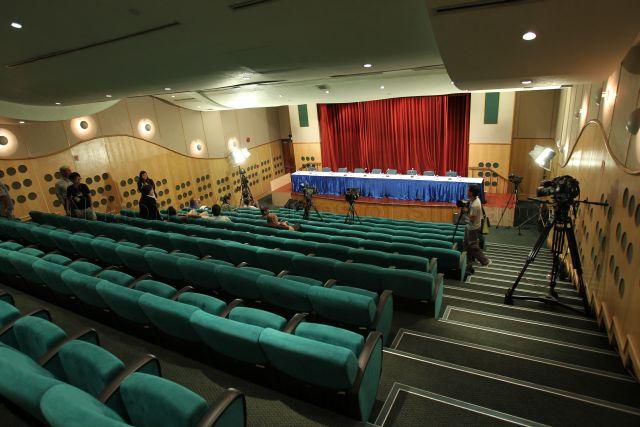 Interior view of auditorium of Treasury Building where People's Action Party (PAP) holds post-election press conference