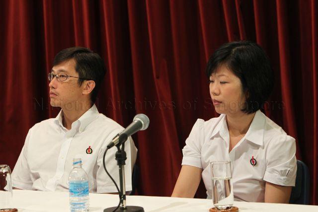 Elected Member of Parliament (MP) for Pasir Ris-Punggol Group Representation Constituency (GRC) Teo Ser Luck and MP-elect for Holland-Bukit Timah GRC Ms Sim Ann at People's Action Party (PAP) post-election press conference held at auditorium of Treasury Building
