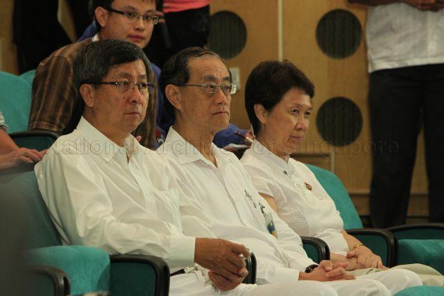 (From left) Chairman of People's Action Party (PAP) Lim Boon Heng, former Member Of Parliament Lau Ping Sum and Madam Ho Ching, wife of Prime Minister Lee Hsien Loong, at People's Action Party (PAP) post-election press conference held at auditorium of Treasury Building