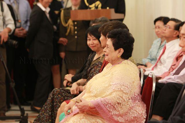 Urmila Nandey, wife of President S R Nathan, attending the swearing-in of Cabinet ministers and ministers of state at Istana