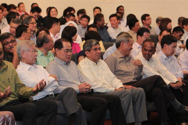 (Front row, from left) Chief Justice Chan Sek Keong, Minister for Trade and Industry Lim Hng Kiang, Minister for Information, Communications and the Arts Associate Professor Dr Yaacob Ibrahim, Minister for Defence Dr Ng Eng Hen, Minister for Foreign Affairs and Law K Shanmugam and Minister for Transport and Second Minister for Foreign Affairs Lui Tuck Yew attending National Day Rally at University Cultural Centre Hall, National University of Singapore