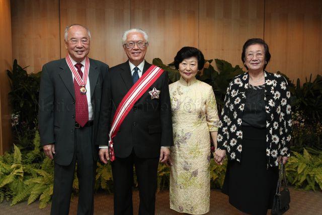 Group photograph of President and Mrs Tony Tan Keng Yam with Chairman of United Overseas Bank (UOB) and recipient of Distinguished Service Order Medal Wee Cho Yaw and his wife during investiture of National Day awards at University Cultural Centre, National University of Singapore in Kent Ridge