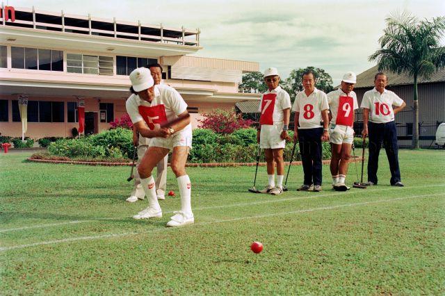 S. Rajaratnam Cup Senior Citizens Gateball Championship '90 at People's Association Lawn - Participants playing the game.