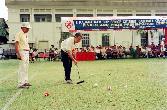 S. Rajaratnam Cup Senior Citizens Gateball Championship '90 at People's Association Lawn - Participants playing the game.