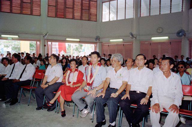 Ministerial Walkabout at Bukit Gombak Constituency - Minister for Trade and Industry Lee Hsien Loong seated among the audience, accompanied by Minister of State for Education and Community Development Dr. Seet Ai Mee and Member of Parliament Ng Pock Too.