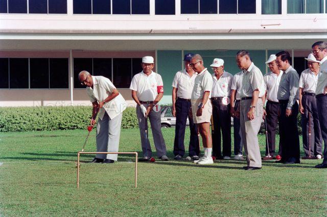 S. Rajaratnam Cup Senior Citizens Gateball Championship 1991 at People's Association Headquarters - Former Senior Minister S. Rajaratnam starting the game.