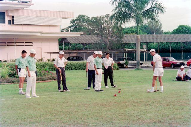 S. Rajaratnam Cup Senior Citizens Gateball Championship 1991 at People's Association Headquarters - Participants playing the game.