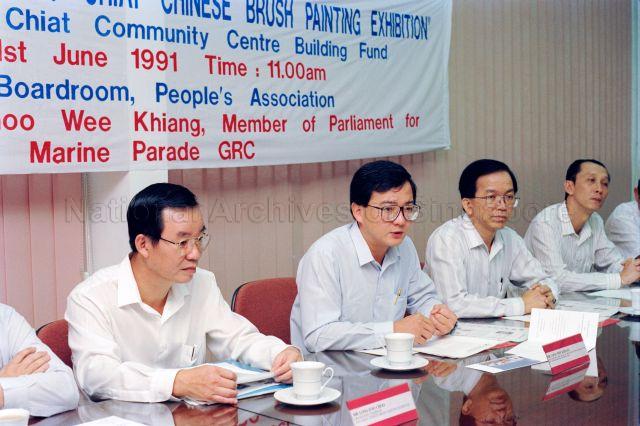 Press Conference on "Joo Chiat Chinese Brush Painting Exhibition" in aid of Joo Chiat Community Centre Building Fund at People's Association Boardroom - Member of Parliament Choo Wee Khiang speaking to the press.