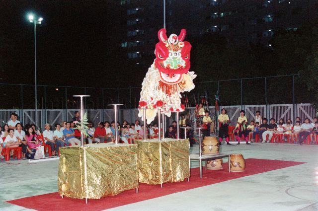 Martial Arts Nite at Cheng San Community Club - Chinese lion dance performance in the court.